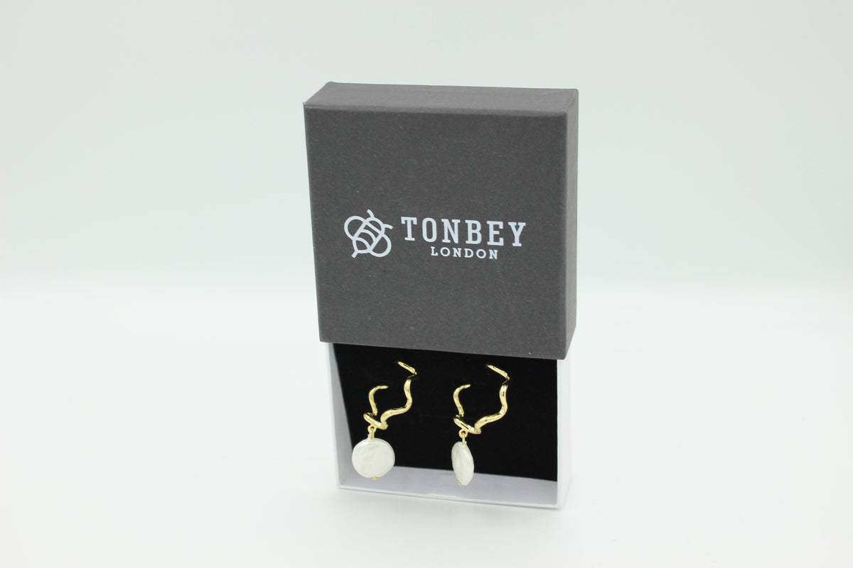 Giana natural pearl drop loop gold earrings in package