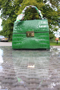 Green Crocodile embossed leather bag with scarf accessory