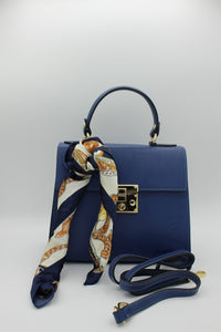 Blue Kelly Bovine Leather bag with scarf accessory front view